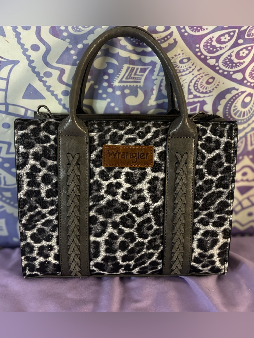 Wrangler Black and White Leopard Print Satchel with Braided Trim